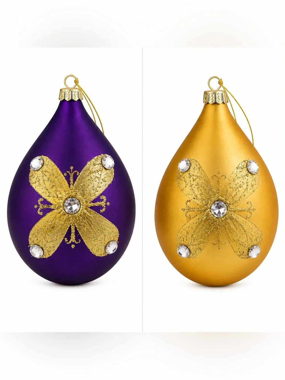 Vintage Dillard’s Glass Teardrop Christmas Ornaments Set 2 Purple Gold Box
